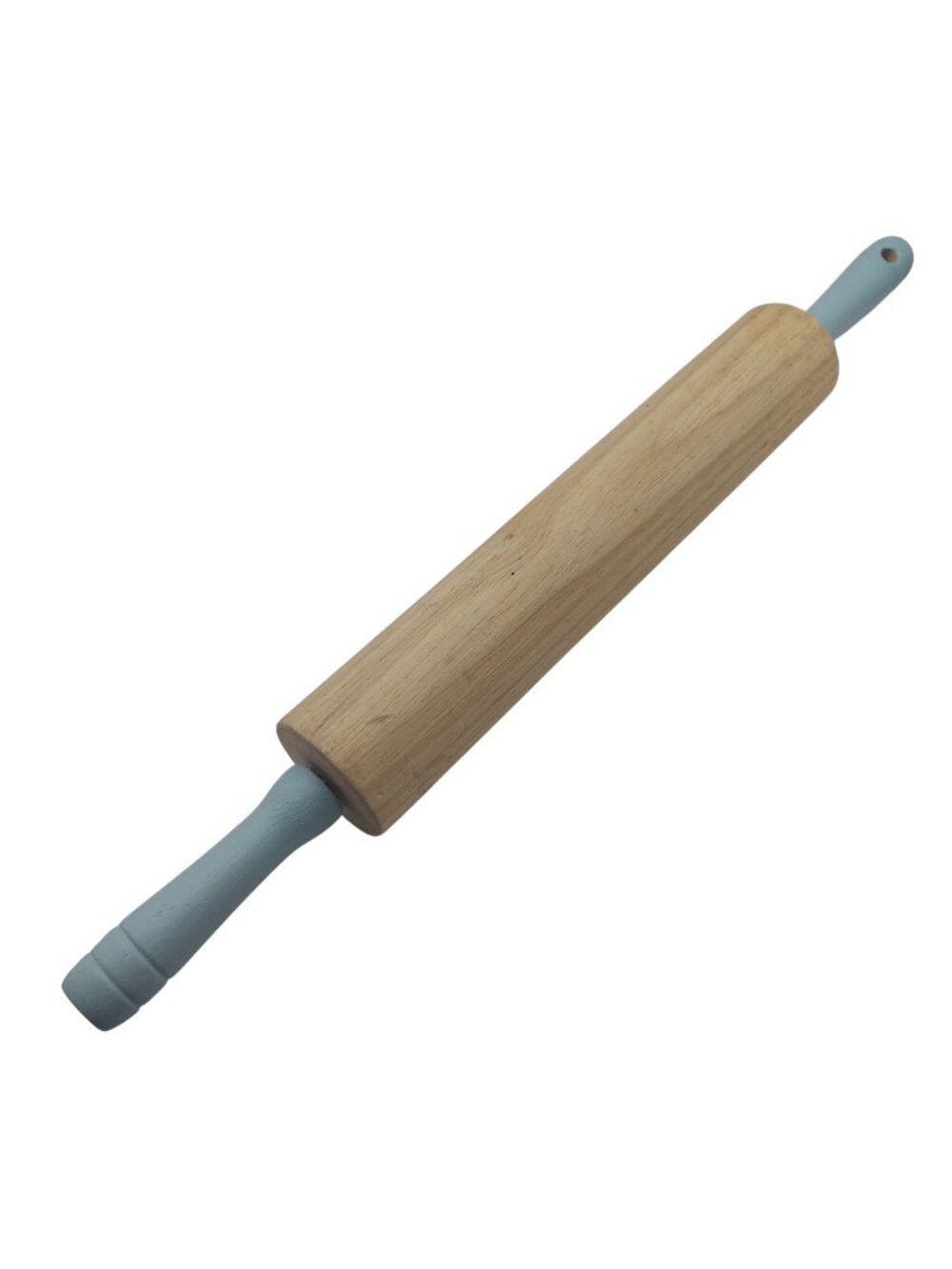 Wooden Rolling Pin Blue Handles 17.5" Wood Baking Pastry Dough Farmhouse Vintage